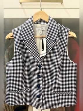 NWT Nine West Navy & White Gingham Sleeveless Blazer Vest Size L